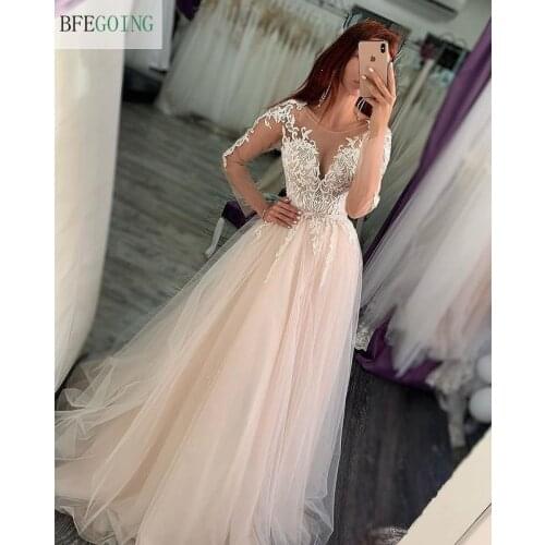 Ivory Lace Tulle Long Sleeves Scoop Floor-Length A-line Wedding gown Bridal dress Chapel Train Custom made