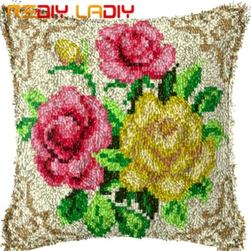 Latch Hook Cushion Pink & Yellow Rose Pillow Case Acrylic Yarn Sofa Pillow Printed Canvas Crochet Cushion Cover Arts & Crafts