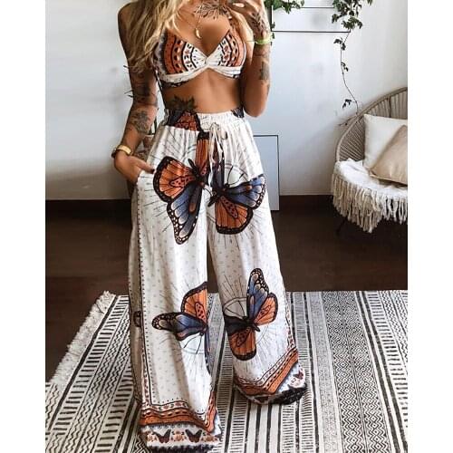 Summer Women Butterfly Graphic Print Crop Top Tanks & Wide Leg Pants Set Two Pieces Suit Sets Womens Outfits Casual Tracksuit