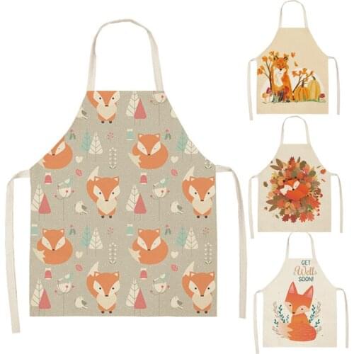 Linen Nordic Cute Fox Chef Aprons Unisex Dinner Party Cooking Bib Funny Pinafore Cleaning Apron for Kids Adults
