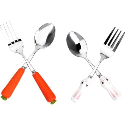 Cute Baby Kids Feeding Tools Stainless Steel Children Dinnerware Set Cartoon Rabbit Carrot Spoon Fork Baby Safety