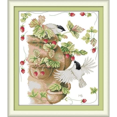 Joy Sunday Birds and Strawberries Embroidery Packs Cross Stitch Kits Paintings Patterns DIY11&14CTDMC Needlework Sets Handicraft