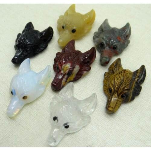 Natural stone Quartz Crystal fluorite red jasper tiger eye Wolf Head shape Pendant for diy jewelry making necklac Accessories2pc