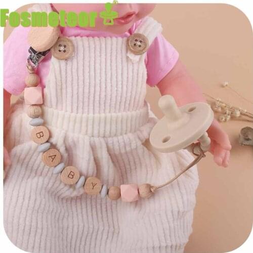 Fosmeteor 2021 New Style Creative Beech Flat Pacifier Clip DIY Baby Name Molar Soothing Silicone Pacifier Chain Baby Products
