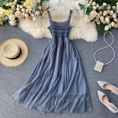 New Fashion Women Mesh Dress Spaghetti Strap Draped Mid-calf Solid A-line Lace Dress Ladies Gauze Swing Dress Vestidos Femeninos