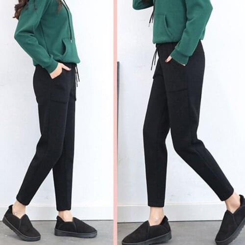 Autumn Sports Pants Women Casual Plus Velvet Warm Sports Sweatpants Solid Color Drawstring Elastic Waist Trousers New Pockets