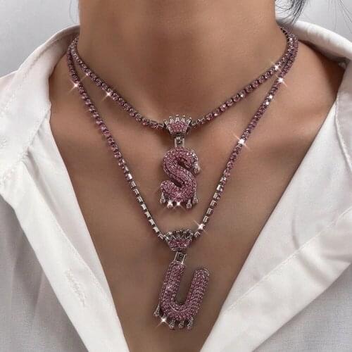 Pink Crystal 26 Letter Crown Initials Choker Necklace Jewelry HipHop Rock A-Z Alphabet Rhinestone Tennis Chain Necklaces Women