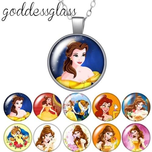 Disney Beauty and the Beast Princess Belle Round Glass glass cabochon silver plated/Crystal pendant necklace jewelry for Gift