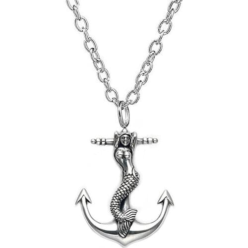 Antique Silver Plating Alloy Mermaid Anchor Pendants Link Chain Necklaces