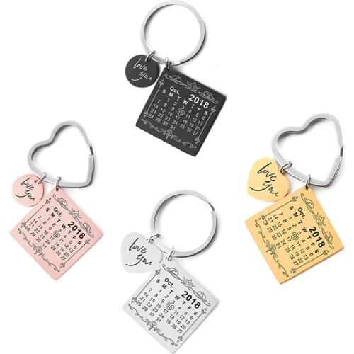 Personalized Calendar Keychain Heart Circle Shape Engraved Special Date Custom Name Key Chain Husband Wife DIY Jewelry Gifts