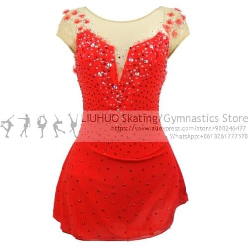 Figure Skating dress Women Kids Christmas Gifts Red Flowers Competition skating performence Wear Children Dance Costumes LIUHUO