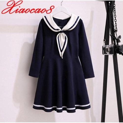 4-14 Years Girls Sailor Collar Dress Kids Toddler Long Sleeve Bow Dresses for Girls Autumn Spring Children Clothing 6 8 10 12 14