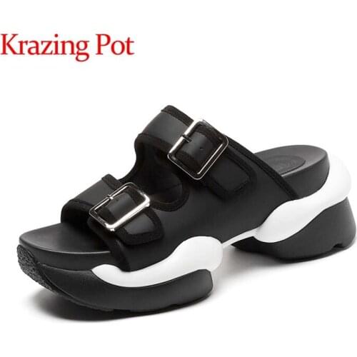Krazing pot genuine leather peep toe high heel outside slipper thick bottom leisure daily wearslip on summer shoes women L3f2