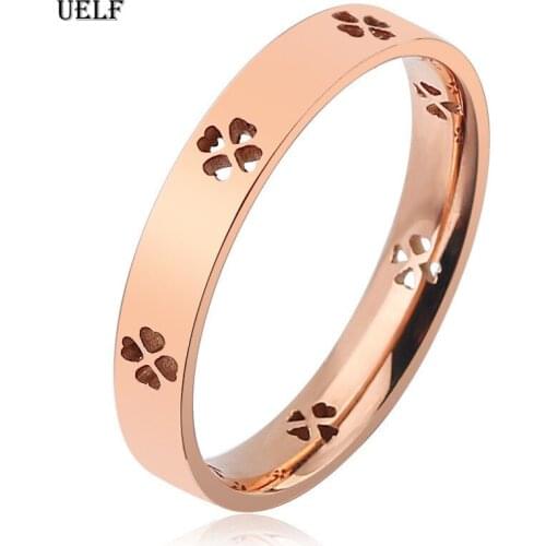 Uelf Fashion Stainless Steel Ring Rose Gold Clover Heart Geometric Engagement Wedding Rings For Women Girls Jewelry Anillo