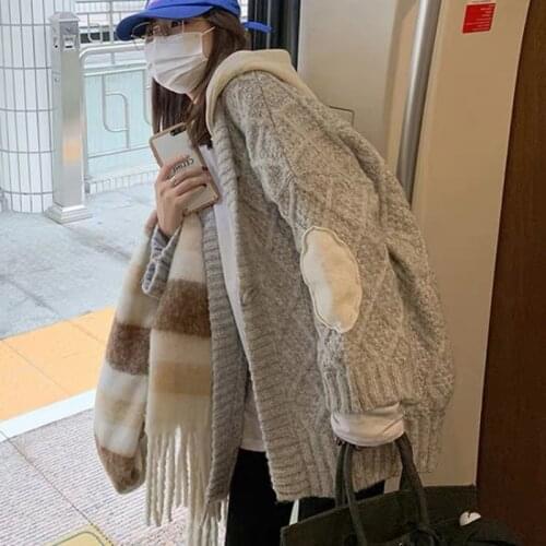 2021 Women Autumn Winter Hooded Sweater Coat Jacket Horn Button Spliced Knitted Cardigan Oversize Overcoat Outwear