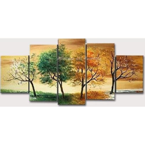 High Quality Hand Painted 4 Season Tree Oil Painting White Green Red Landscape 5 Pcs Canvas Wall Art Set Modern Abstract Picture
