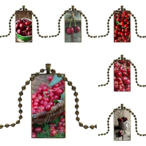 Green Cherry Fruit Of Food Animation For Women Children Glass Cabochon Choker Pendant Rectangle Necklace Bronze Color Jewelry