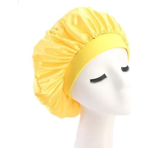 Womens Faux Silk Bonnet Cap Wide Elastic Band Solid Night Sleep Hat Wrap Pleated Q1FE
