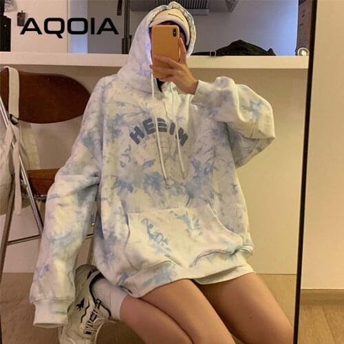 Autumn Tie dye Loose Womens Hoodies Sweatshirt Pockets Oversize Letter Sweatshirts Women 2020 Winter Plus Size Female Pullover