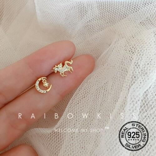 S925 Silver Earrings For Women Gold Moon Star Zircon Crystal Horse Asymmetrical Fashion Retro Design Student Lady Jewelry INEFFA