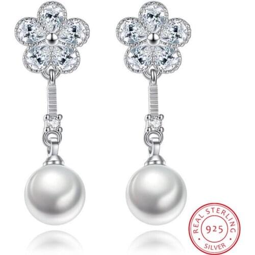 925 Sterling Silver Earrings Crystal Plum Ice Flower Zirconia Pearl Drop Earrings For Women brincos de prata S-E252