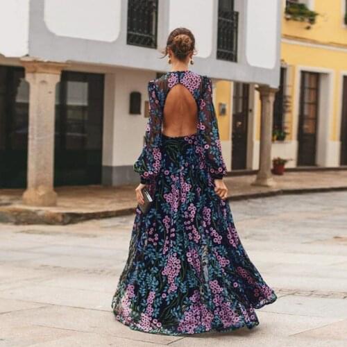 Fashion Women Florla Printed Long Sleeve O-Neck Elegant Party Evening Hollow Out Backless Beach Party Long Dress Vestidos#35