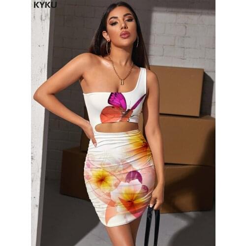 KYKU Brand Flower Dress Women Butterfly Vestido Sexy Animal Pleating Novel Halter Sleeveless Womens Clothing Club Vintage Beach