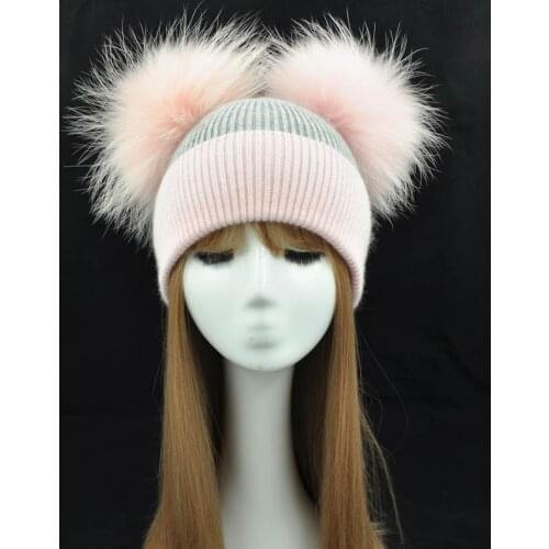 Real Fur Winter Hat Women Wool Cap Cashmere Angola 2 Two Fur Pom Pom Hat Brand Thick Women Hat Girls Caps Knitted Beanies Hat