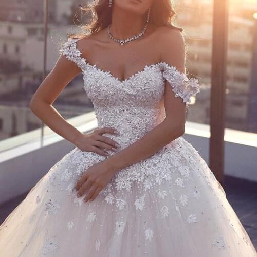 Ball gown wedding dresses 2020 lace appliques beading sequins crystal lace tulle floor length bridal dresses vestidos de noiva