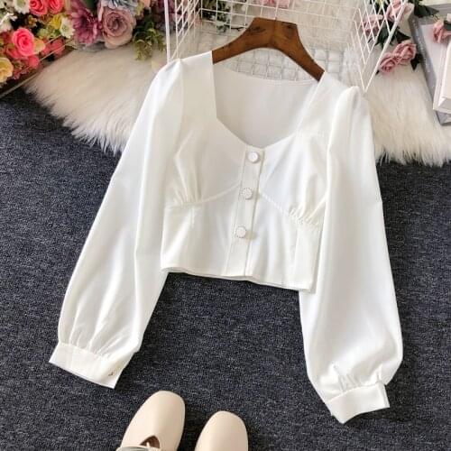 Beaded Chiffon White Women Blouse Summer New 2021 Square Collar Lantern Sleeved Short Empired Elegant Office Lady Pulls Tops