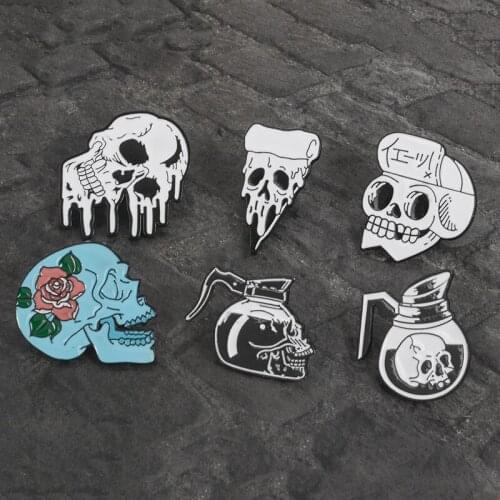 Skull Enamel Pins Brooch Collection Badges Coffee Pot Rose Pizza and Skeleton Brooches Gothic Punk Pin Button Gift For Women Men
