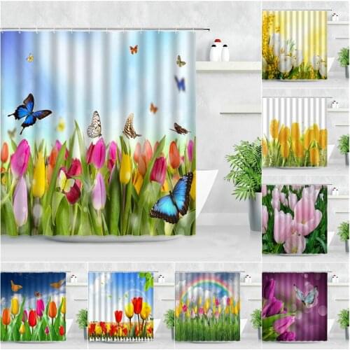Floral Color Tulip Shower Curtain Set Spring Flowers Butterfly Garden Natural Scenery Modern Waterproof Bathroom Decor Curtains