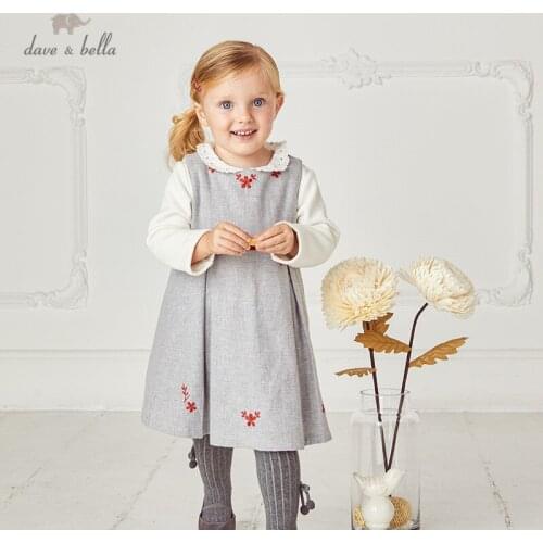 DB14813 dave bella winter baby girls cute bow floral sleeveless dress children fashion party dress kids infant lolita clothes