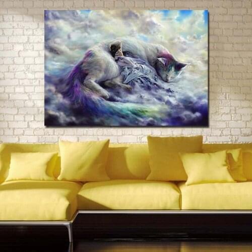 JQHYART Magica Animals Cats Clouds Sleep Fantasy Mood Canvas Art Home Decor Modern No Frame Oil Painting