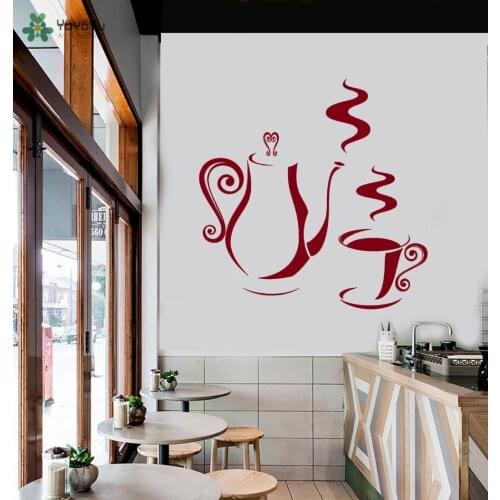 Coffee Shop Wall Stickers Coffee Cup Pot Pattern Vinyl Wall Decal Kitchen Art Mural Restaurant Window Decor Fashion Design SY451