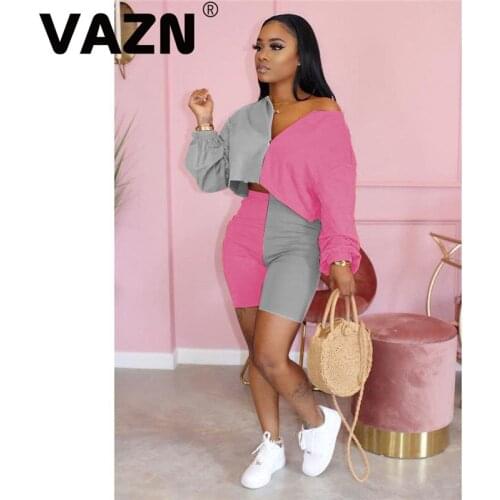 VAZN 2020 Women Summer Patchwork Print Short Sleeve Top Tube V-neck Shorts 2PCs Set Beach Clothing Ladies Women Sets