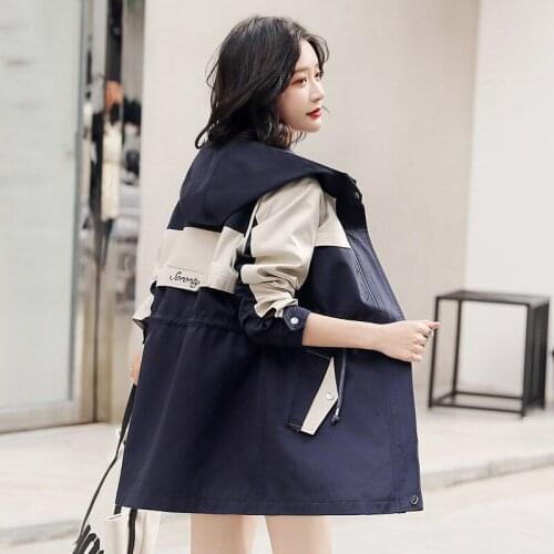 Korean Fashion Hit Color Trench Coat For Women Spring Long Sleeve Drawstring Waist Hooded Windbreaker Female Casual Chaqueta r99