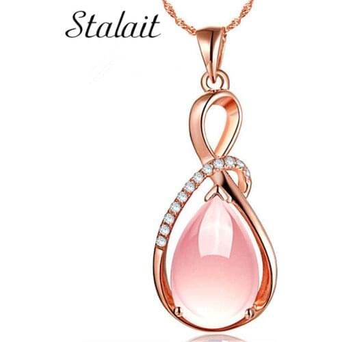 Fashion Bridal Jewelry Rose Gold Pink Powder Crystal Opal Natural Lotus Gem Water Drop 8 Words Stone Pendant Necklace