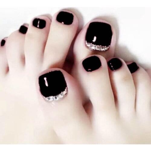 24pcs/box with 2g glue Black fake Toenails press on Summer Style Foot Artificial Nail tips Full Cover Nails feet False Nails