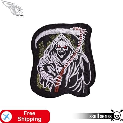 Grim Reaper Skeleton Embroidered Iron on Patches for Clothing Decoration Biker Motorcycle Jackets Applique Cool Punk Accessories