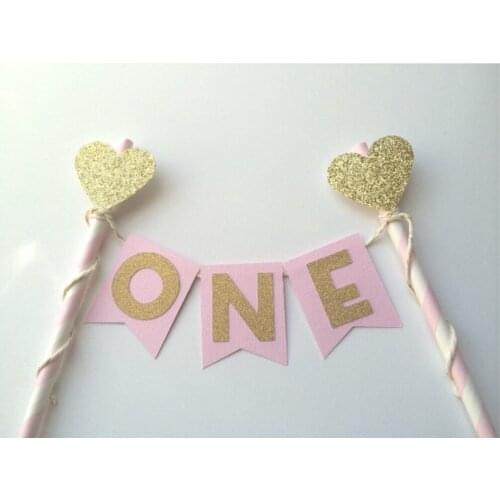 New Pink Gold Heart ONE Cake Topper Chic Smash Cake Party Decorations 1st Birthday Party Cake bunting TWO baby shower decor
