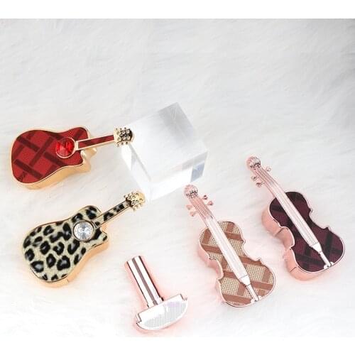 Wholesale Empty 12.1 high quality Guitar violin shape leather red green purple leopard print lipstick tube 20pcs