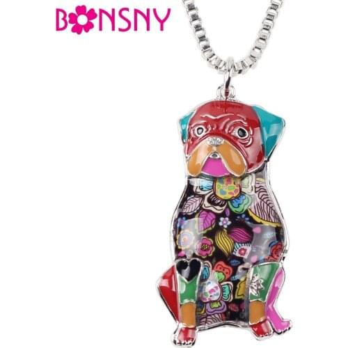 Bonsny Statement Metal Alloy Enamel Pug Dog Choker Necklace Chain Pendant Collar Pendant 2017 Fashion New Enamel Jewelry Women