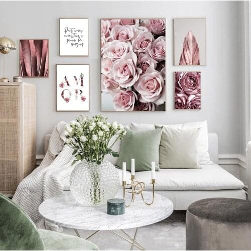 Scandinavian Fashion Rose Flower Feather Nordic Style Wall Art Canvas Print Painting Modern Living Room Decor Picture