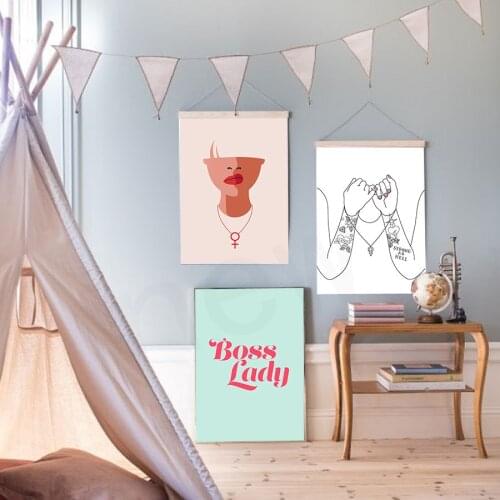 Nordic Cartoon Canvas Painting Girl Tattoo Quote Posters And Prints Boss Lady Pinky Promise Wall Art Pictures For Bedroom Decor