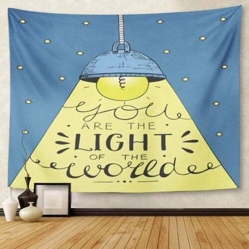 Glowing Light Bulb on Long Cord Casting Beam of Lettering You are The World Biblical Christian Tapestry Wall Hanging for Living