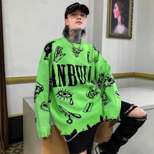 Autumn Winter Ripped Hole Punk Hip Hop Sweater Mens Red Green Color Pullover Korean Style Graffiti Jersey Hombre