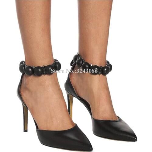 New Black White Leather Rivet Lady Pumps Shoes Sexy Pointed Toe Ankle Buckle Stiletto Heel Single Shoes Women Dress High Heels