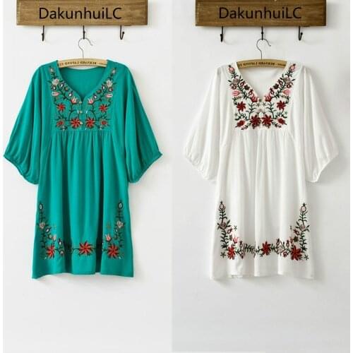 2019 Hot Sale Vintage 70s Ethnic Floral EMBROIDERED Hippie BOHO Mexican puff slv Blouse DRESS One Size TOP