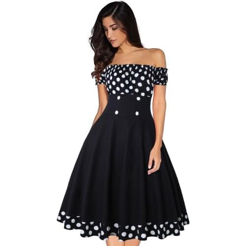 Vintage Sexy Chic Slash Neck Party Dress Women Summer Plus Size Polka Dot Buttons Patchwork Empire Waist Ball Gown Dresses 3XL